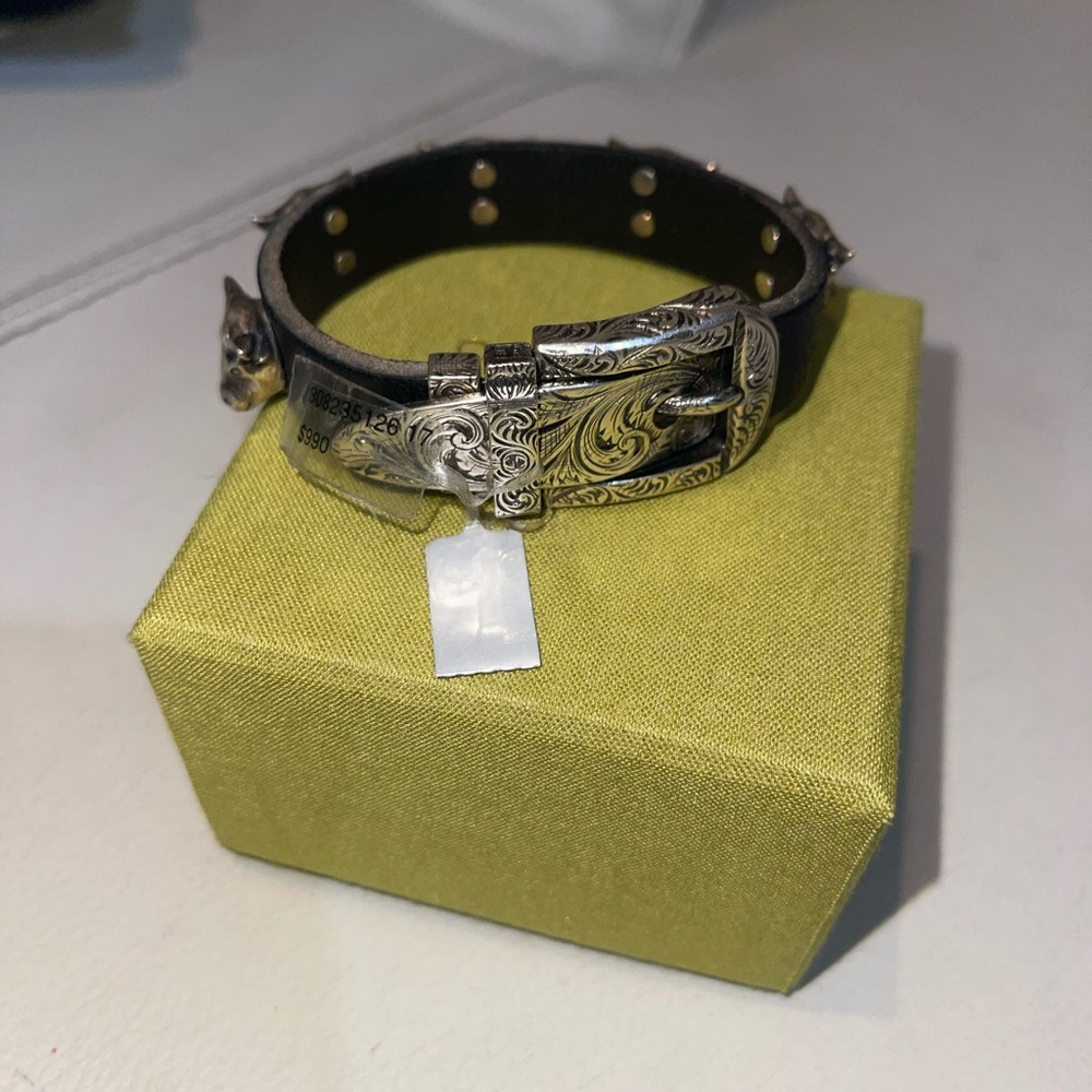 Gucci Anger Forest Aged Sterling Silver and Black Leather Bull Heads Bracelet